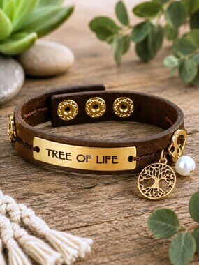 Tree of Life Leather Wrap Bracelet Boho Charm Adjustable Brown Gold Pearl NWT
